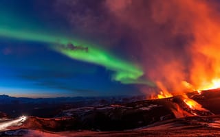 Картинка eruption, northern fire, свет, огонь, аврора, вулкан, лава, северный, север