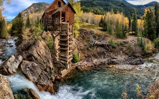 Картинка river cabin, лес, река, здания, деревянные, ручей, домик