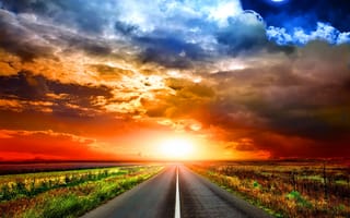 Картинка colors sky moon, sunset road, небо, цветные, закат, луна, дорога