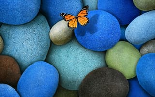 Картинка природа, синие, пейзаж, бабочки, камни, камешки