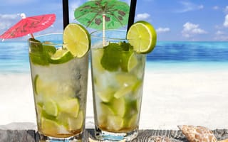 Картинка mojito, пляж, напиток, лайм, коктейль, ракушки