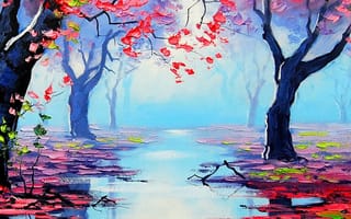 Картинка природа, прекрасные, деревья, река, небеса