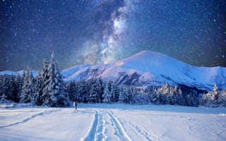 Картинка природа, небо, ночь, пейзаж, зима, снег, горы, звездное