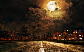 Картинка природа, ночь, город, дорога, огни, луна, облачно, лунный свет