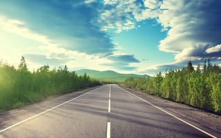 Картинка природа, пейзаж, дорога, облака, деревья, горы