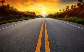 Картинка природа, закат, дорога, солнечный свет