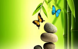 Картинка природа, крутые, вода, другие, бабочки, камни, прекрасные, спа, бамбук