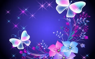 Картинка абстрактные, красочные, неоновые, бабочки, цветочные, сверкающие