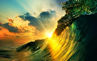 Картинка sunset over a wave, небо, зеленые, закат, облака, волна