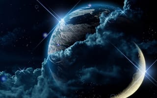 Картинка earth and moon, небо, космос, луна, звезда, земля, планета