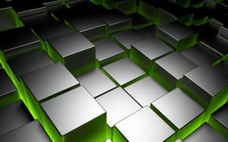Картинка 3d, backlit, зеленые, 3д, металл, кубы, квадратные, кирпичи, хром