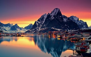 Картинка вода, зима, снег, горы, озеро, пейзаж, деревня