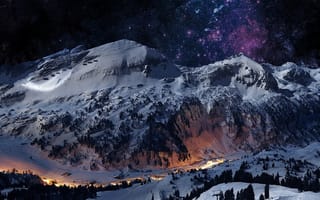 Картинка небо, ночь, зима, снег, звезда, горы, лед, деревня, сосна