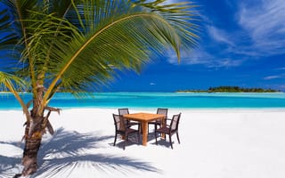 Картинка природа, тропики, небо, пальма, море, пляж, стулья, стол