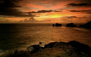 Картинка панорама, закат, вечер, простор, вид, красота, море, камни, небо, океан, вода, скалы, облака