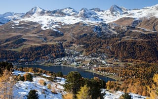 Картинка небо, швейцария, горы, снег, осень, облака, санкт-мориц, санкт-морицерзее, лес