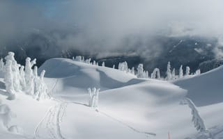 Картинка туман, зима, горы, снег, сугробы