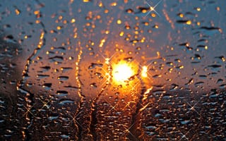 Картинка стекло, дождь, солнце, капли, закат