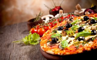 Картинка пицца, петрушка, маслины, помидоры, блюдо, грибы, сыр