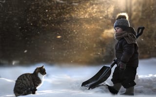 Картинка ребёнок, снег, лопата, кошка