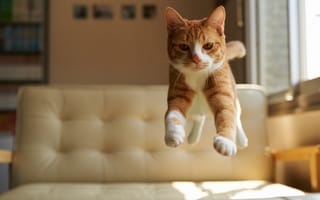 Картинка кот, взгляд, рыжий, прыжок, дом