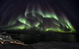 Картинка aurora borealis, зеленый, снег, ночь, океан, северное сияние