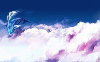 Картинка полет, в небе, облака, кит, фантазия, арт, ominoux