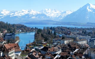 Картинка озеро, горы, швейцария, залив, пейзаж, берн, снег, небо