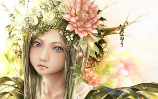 Картинка взгляд, цветы, лицо, листья, портрет, веточки, венок, девочка, bouno, satoshi