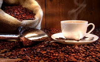 Обои cup, coffee, coffee beans, white, bag
