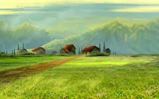 Картинка долина, небо, дорога, пейзаж, поле, горы, дома, деревья