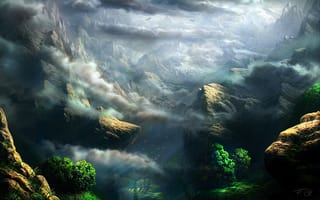 Картинка облака, зелень, деревья, скалы, fel-x, арт, горы, высота