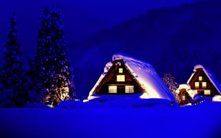 Картинка домики, свет, зима, деревья, ели, горы, дома, снег