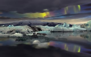 Картинка северное сияние, природа, горы, океан, айсберги