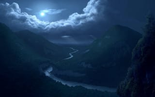 Обои Ночь, река, горы, луна