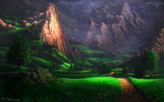 Картинка fel-x, скалы, зелень, дерево, тропа, дом, арт, дорожка, горы