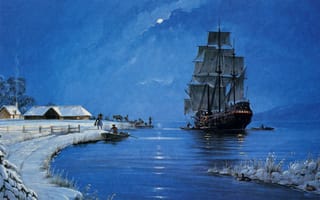 Картинка картина, корабль, вечер, море, парусник, лодка, зима