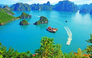 Картинка залив халонг, растительность, острова, вьетнам, скалы