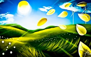 Картинка трава, пейзаж, небо, солнце, листья, природа, холмы