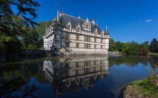 Картинка Азе-ле-Ридо, пруд, деревья, chateau, небо, France, дворец, Франция, замок, Azay-le-Rideau