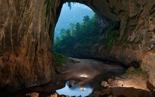 Картинка природа, Вьетнам, лес, вода, люди, горы, скалы, песок, пещера