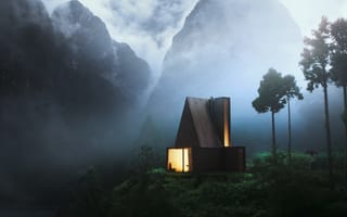 Картинка вечер, мужчина, зонтик, дымка, огонь, туман, горы, домик, окно