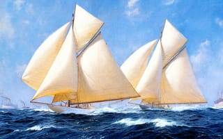 Картинка картина, яхты, бурное море, j. steven dews, корабль, волны