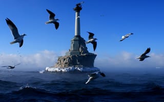 Картинка Море, Севастополь, птицы, памятник затопленным кораблям