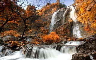 Картинка скалы, лес, водопад, осень, поток