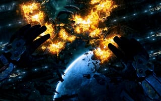 Обои катастрофа, планета, космос, будущее, руки, корабль