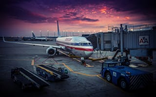 Картинка chicago, usa, рассвет, самолет, american airlines, аэропорт