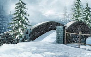 Картинка мост, снег, природа, 3d графика, ель, зима
