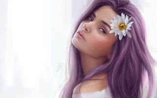 Картинка цветок, взгяд, волосы, девушка, арт, ромашка