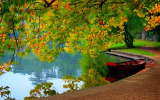 Обои деревья, лодка, осень, озеро